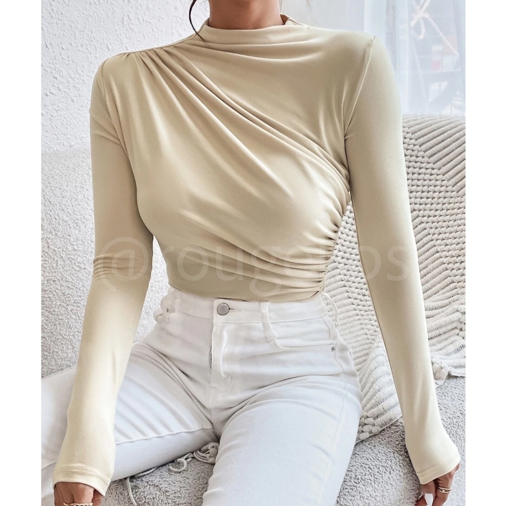 Ruched Asymmetric Beige Long Sleeve Bodysuit Slim Fit Stretchy - Picture 1 of 8
